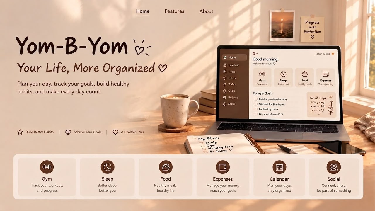 Yom-B-Yom Workspace Dashboard showcasing daily habits, tasks, and notes layout